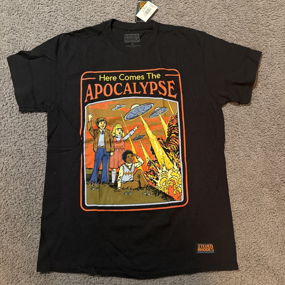 Steven Rhodes Men Here Comes The Apocalypse T-Shirt Medium NWT 100% Cotton Black